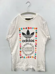 adidas アディダス Tシャツ/カットソー S ホワイト 花柄・ボタニカル柄 前面プリント ブランドロゴ ミドル丈 半袖 クルーネック(丸首)