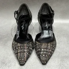 GINZA Kanematsu 銀座かねまつ WOMAN & MYSELF ストラップパンプス ツイード ポインテッドトゥ ヒールパンプス ブラック系 レディース シューズ 婦人靴 日本製 22.5cm E アンクルストラップ ヒール 靴
