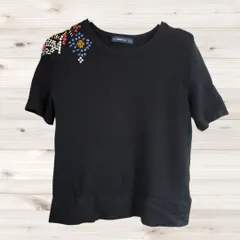 A1256 ザラ ZARA ニット セーター 半袖(S) 黒 柄もの Uネック