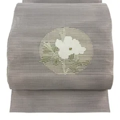 名古屋帯 優品 夏帯 絽 八寸名古屋帯 松葉仕立て トンネル仕立て 草花 丸文 金糸 灰紫 正絹 【中古】