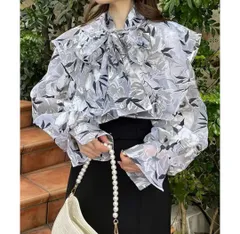 one after another NICE CLAUP ワンアフターアナザーナイスクラップ シャツ/ブラウス F グレー コットン ナイロン 花柄・ボタニカル柄 長袖 ボウタイ襟