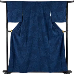 【美品】 小紋 身丈157.5cm 裄丈64.5cm M 袷 草花 建物 藍色 正絹 優品 【中古】
