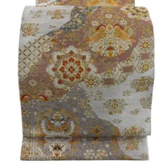【美品】 袋帯 秀品 向かい鳥 華文 箔 金糸 灰色 六通 正絹 【中古】
