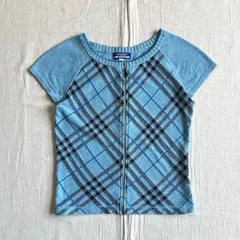 希少　～00s　BUBERRY LONDON BLUE LABEL　バーバリー　薄手コットンニット生地　ブルー系ノバチェック柄　ラグラン　半袖ジップアップカーディガン　合皮ジッパータグ　M　Y2K　平成ギャル　グランジ　zip up knit cardigan