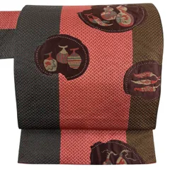 【美品】 名古屋帯 秀品 生り物 幾何学模様 ピンク 正絹 【中古】