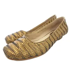 あしながおじさん フラットパンプス レザー 編み込み スクエアトゥ 23cm ゴールドカラー /JS
