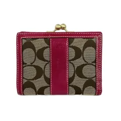 COACH(コーチ) Wホック財布美品  シグネチャー柄 カーキ×ピンク がま口 レザー
