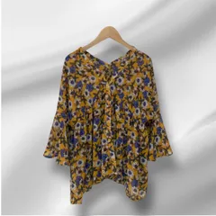 花柄ギャザー  ブラウス   Vネック   フレアスリープ   フラワー  サイズM   花柄   イエロー系