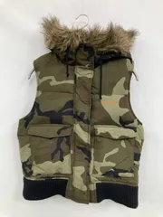 Carhartt カーハート ダウンベスト M カーキ ナイロン フェイクファー カモフラージュ柄 ブランドロゴ 刺繍 フードあり