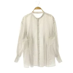 プラステ PLST パールボタンペプラムブラウス M ホワイト グレー ストライプ シャツ バンドカラー