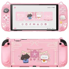 PlayVital Switch 2用保護カバーセット switch2ドック対応 猫耳＆肉球グリップ付き Joy-Conカバー付き シリコン＋PC素材 分体式 耐衝撃 傷防止 調整スタンド付き｜和風さくら子猫デザイン【ピンク】 1