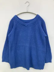 ニット/セーター M ブルー コットン ニット 無地 長袖 ミドル丈 Vネック