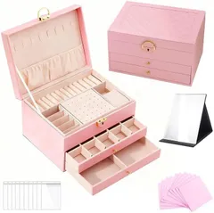 【人気商品】（ピンク） ジュエリー袋付き 清掃布付き 鏡付き 母の日 女性デー クリスマス 誕生日 結婚記念日 女の子 女性 指輪ケース organizer box jewelry ブレスレットなど小物入れ イヤリングピアス ネックレス 引き出しジュエリーボッ