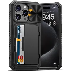 【新品】 Vihibii for iPhone 15 Pro ケース 背面 カード収納 (4枚) スタンド付き カメラレンズ保護 米軍MIL規格取得 カバー 耐衝撃 滑り止め 財布付きアイフォン15 pro スマホケース (ブラック) 1