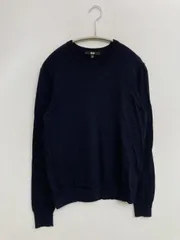 UNIQLO ユニクロ ニット/セーター M ネイビー ウール・ニット 無地 ミドル丈 長袖 クルーネック(丸首)