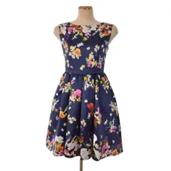 チェスティ Chesty 花柄 ノースリーブ ワンピース ひざ丈 フレア 1 紺 ネイビー ■FY