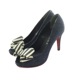 ダイアナ DIANA パンプス オープントゥ ピンヒール ハイヒール リボン デニム 23.0cm 紺 アイボリー /MI ■OS