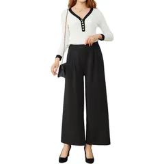 [CALM.st] ワイドパンツ ストレート レディース ウエストゴム ゆったり 美脚 ハイウエスト きれいめ 大人 オフィス ボトムス ズボン 通勤 シンプル 無地 人気 可愛い カジュアル きれいめ タック 着痩せ ストレッチ スラ [ブラック] [XL]