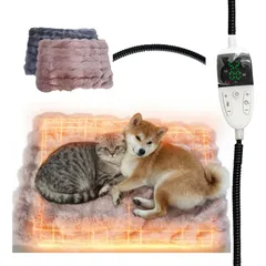 ペット用ホットカーペット(45*45cm) 恒温タイプ ペットヒーター犬 猫 30°C-60°C 無段階温度調節，13 段階タイマー・恒温機能搭載 咬みかみ対策（金属スパイラル管付き）、過熱保護、防水 水洗 い可能ミミズク毛調外套 2 枚（ピンク/グレー）付属