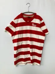 HOLLISTER ホリスター Tシャツ/カットソー M レッド ボーダー柄 刺繍 ミドル丈 半袖 Vネック