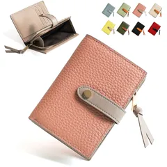 二つ折り財布 本革 ミニ財布 コンパクト二層札入れ 大容量 8枚カード L字ファスナー小銭入れ RFIDスキミング防止 おしゃれ ウォレット （スモーキーピーチ×グレー）