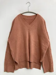 ニット/セーター ブラウン 無地 ミドル丈 長袖 Vネック