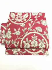 【中古】名古屋帯 正絹 薄臙脂地に枝花文様 アンティーク