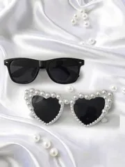 アクセサリー レディース アイアクセサリー 真珠インレイ ハート&スクエア ブラックフレーム装飾グラス ブライド&グルーム 2個セット、ウェディングパーティー、バチェロレットパーティーアクセサリー