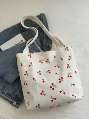 バッグ レディース トートバッグ いちご プリント キャンバス コーデュロイ トートバッグ さくらんぼオーナメント付き、大容量 レディース 母親 高校生 大学生 仕事 旅行用 ショルダー/ハンドバッグ 秋冬 レディ