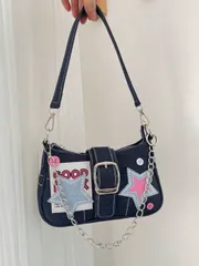 バッグ レディース ショルダーバッグ Y2Kレトロ ミニハンドバッグ(女性用)、カラーブロック スター チェーンショルダー クロスボディバッグ、女の子、レディース、学生、若手プロフェッショナル、オフィスワーカー、通