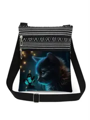 バッグ レディース ショルダーバッグ かわいい猫柄 クロスボディバッグ、再利用可能なショルダーメッセンジャーバッグ、調整可能なストラップ付きカジュアルで多用途なスリングバッグ、発光するちょうちょ猫プリント収納バッグ