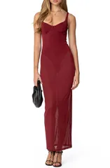 アディクテッド レディース トップス ワンピース メッシュ マキシ EDIKTED Mesh Maxi Dress Burgundy バーガンディ