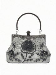 バッグ レディース ドレスバッグ 1個 グレーのバラ刺繍ビーズ付きスパンコール装飾メタルハンドル付きヴィンテージ1920年代エレガントなクラッチバッグ、女性の新年、パーティー、結婚式、フォーマルな機会、プロム、母の