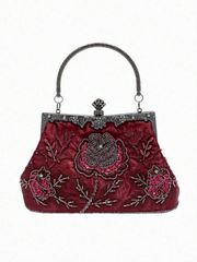 バッグ レディース ドレスバッグ ボルドーローズ 刺繍 ビーズ スパンコール 彫刻 ラインストーン メタルつる柄デザイン 1920年代 ヴィンテージラグジュアリー エレガントなイブニングクラッチバッグ 1個、女性の