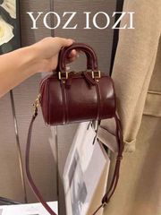 バッグ レディース ハンドルバッグ レディース ビンテージ ソフトレザー ハンドバッグ、多用途ファッション通勤トートバッグ、レッド シリンダー型ショルダーバッグ