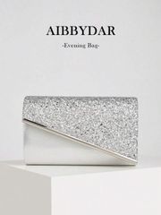 バッグ レディース クラッチバッグ レディース イブニングクラッチバッグ、シルバー、ファッション、無地、グリッター素材、レディースハン、封筒型バッグ、イブニングドレスに適し、取り外し可能なメタルショルダーストラップ