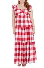 イングリッシュファクトリー レディース トップス ワンピース ティアード ギンガムチェック マキシ ギンガム English Factory Gingham Tiered Maxi Dress Red White ホワイト