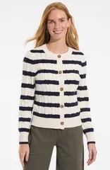 ランズエンド レディース アウター パーカー・スウェット クルーネック セーター カーディガン Lands Endrifter Classicable Crew Neck Cardigan Sweater IvoryNavy Coastal Stripe アイ
