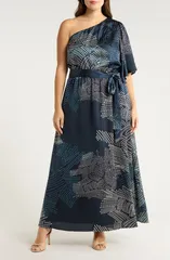 シュガーリップス レディース トップス ワンピース プリント ワンショルダー サテン マキシ SUGARLIPS Kirby Print OneShoulder Satin Maxi Dress NavyCream クリーム