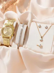 腕時計 レディース セット レディース時計 ゴールド ウォッチ ラインストーン装飾 クオーツ時計とピアス5個リングブレスレットネックレスジュエリーセット 休暇用 1個