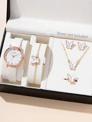 腕時計 レディース セット 女性用腕時計レザーベルトクオーツ腕時計蝶星ネックレスブレスレットリングイヤリング6個セット