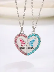 ジュエリー レディース ネックレス セット 友情 ハート型とバタフライ クリスタルペンダントネックレス 2個入り、日常着用、バレンタイン、母の日、ギフトにもおすすめ