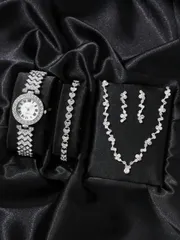 腕時計 レディース セット レディースウォッチ 女性用銀色亜鉛合金ストラップ 華やかなラインストーン飾りの丸型ダイアルクオーツウォッチ & ピアス、ブレスレット、ネックレスのジュエリーセット4個 空き時間、休暇に最