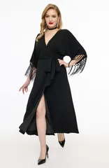 ユニークビンテージ レディース トップス ワンピース ミディ Unique Vintage Tie Wrap Surplice Midi Dress Black ブラック