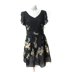 ジルスチュアート JILL STUART ワンピース ひざ丈 半袖 花柄 4 L 黒 ブラック /YI