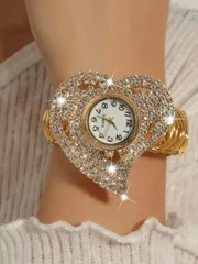 腕時計 レディース クォーツ 1個 女性用ファッション クォーツ ブレスレットウォッチ、ハート型ダイヤモンドスタッズダイアル、ゴールド バレンタイン