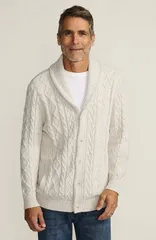 ランズエンド メンズ アウター パーカー・スウェット セーター コットン カーディガン Lands End Cotton Blend Cable Shawl Cardigan Sweater Antiqued Alabaster Donegal