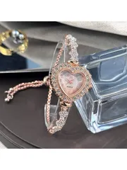 腕時計 レディース クォーツ 1個 女性用メタルチェーンブレスレット付き腕時計、ハート型ケース、アラビア数字ダイヤル クォーツ腕時計、サイズ調整紐付き、デイリーウェアにも最適