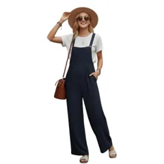 [レグエイト] オーバーオール レディース サロペット ワイドパンツ ゆったり 体型カバー オールインワン 無地 春 夏 秋 ベージュ ブラック ネイビー カジュアル コーデ 着回し オシャレ (ネイビー, M) [ネイビー] [M]