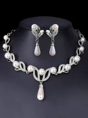 ジュエリー レディース セット ウェディング ジュエリーセット 3点セット ホワイトゴールド カラー クリップオン ピアス ネックレス、ピアス不要、ブライダルアクセサリー